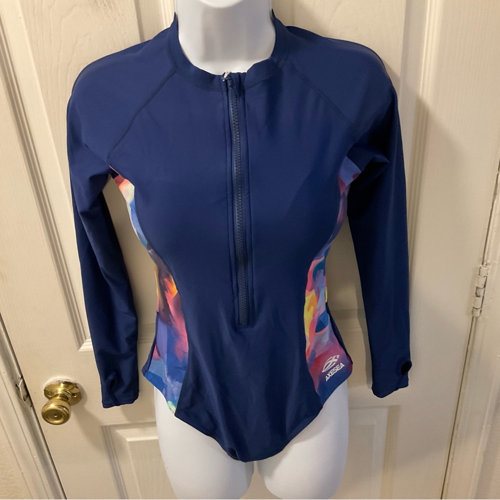 Axesea Blue Rash Guard with Colorful Panels